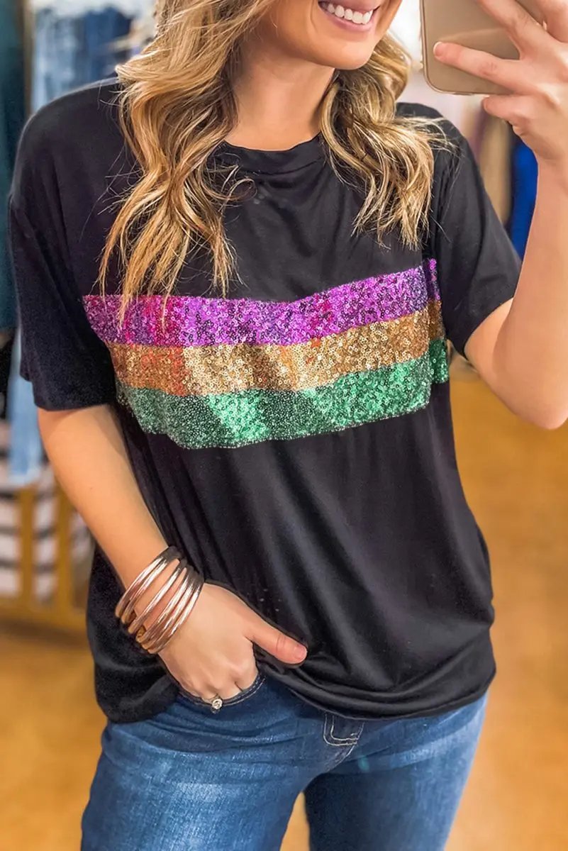 Black Sequin Stripes Patchwork Mardi Gras Crew Neck T Shirt - Love Salve